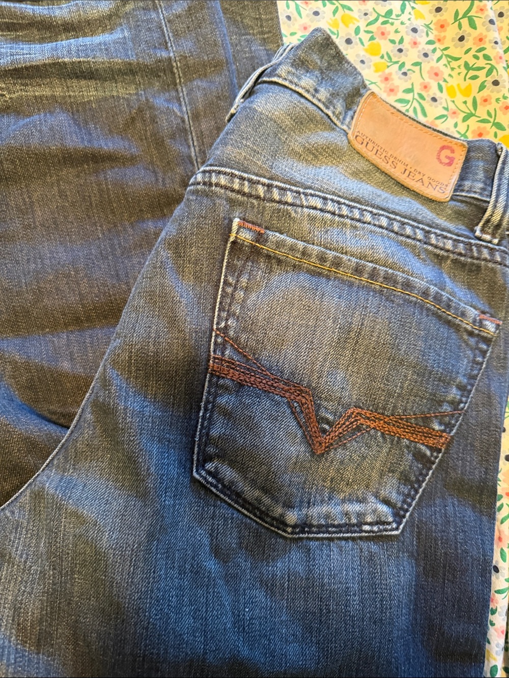 GUESS Men's Indigo Straight Leg Jeans with Brown Stitching